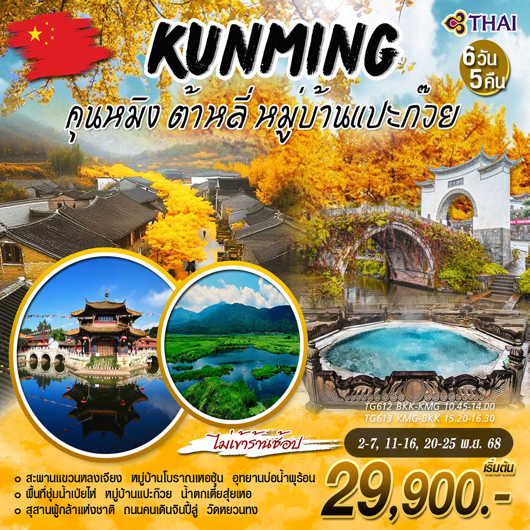 ทัวร์จีน คุนหมิง ต้าหลี่ หมู่บ้านเเปะก๊วย 6วัน 5คืน (TG)