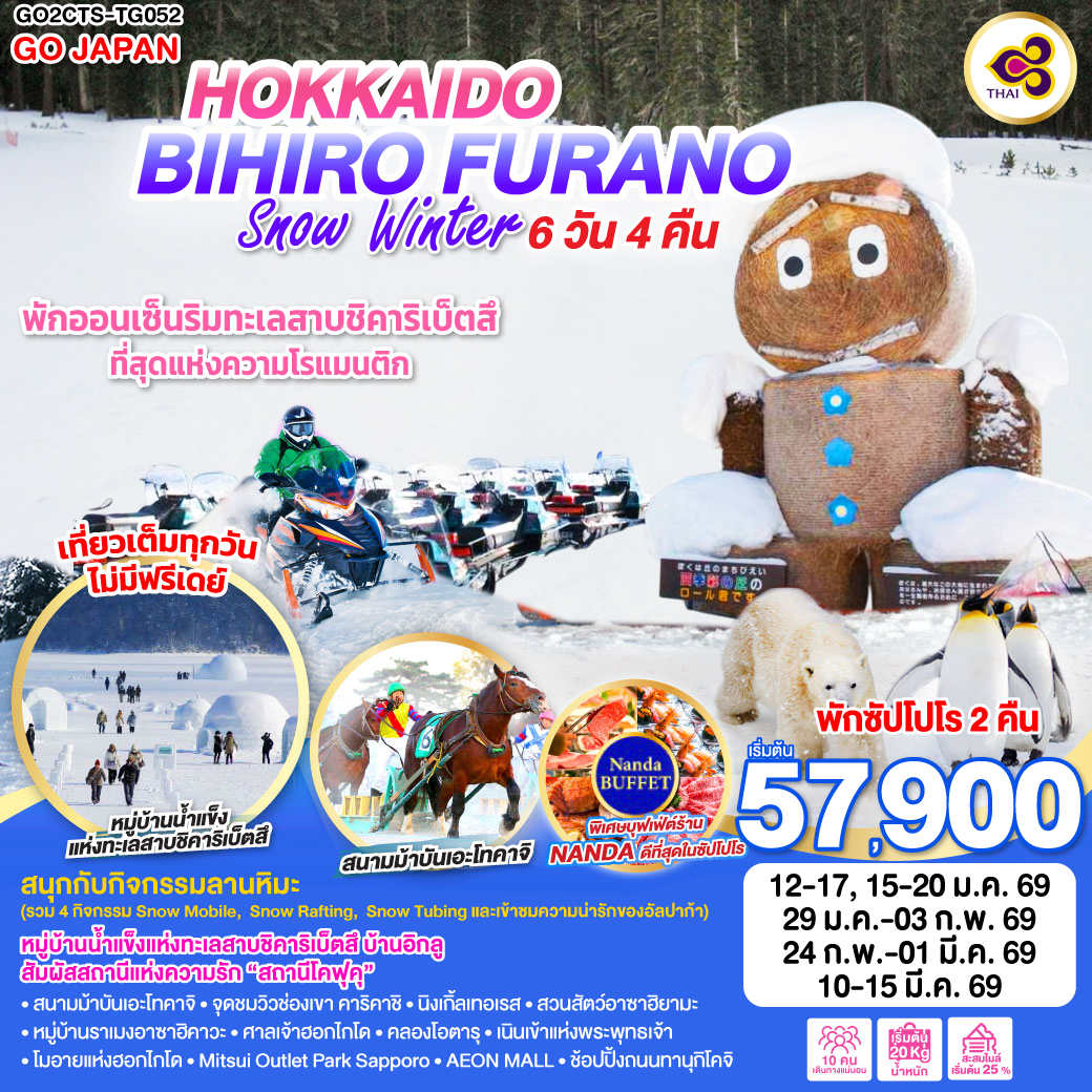 ทัวร์ญี่ปุ่น HOKKAIDO BIHIRO FURANO SNOW WINTER 6วัน 4คืน (TG)