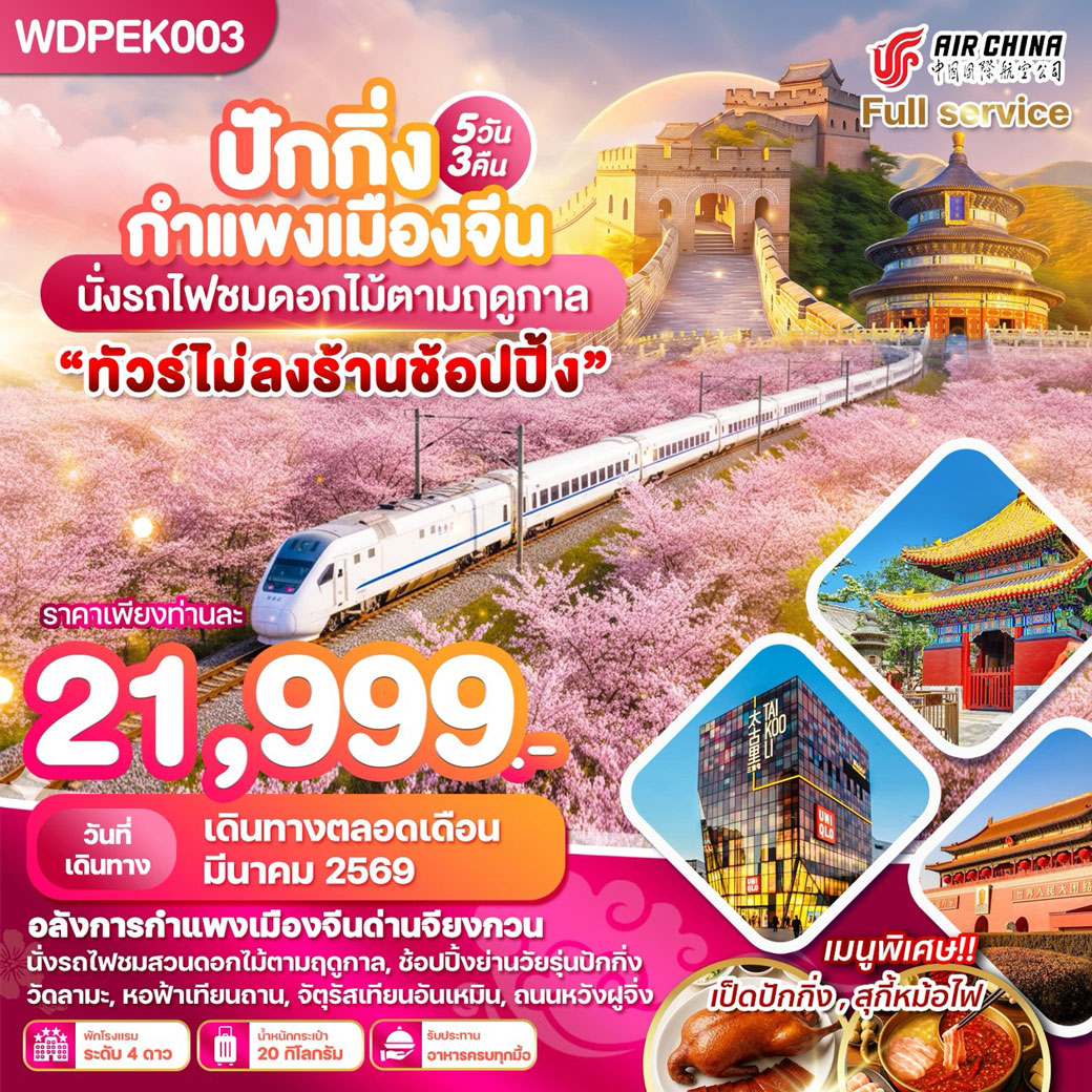 ทัวร์จีน ปักกิ่ง กำแพงเมืองจีน นั่งรถไฟชมซากุระ พรีเมี่ยม 5วัน 3คืน (CA)
